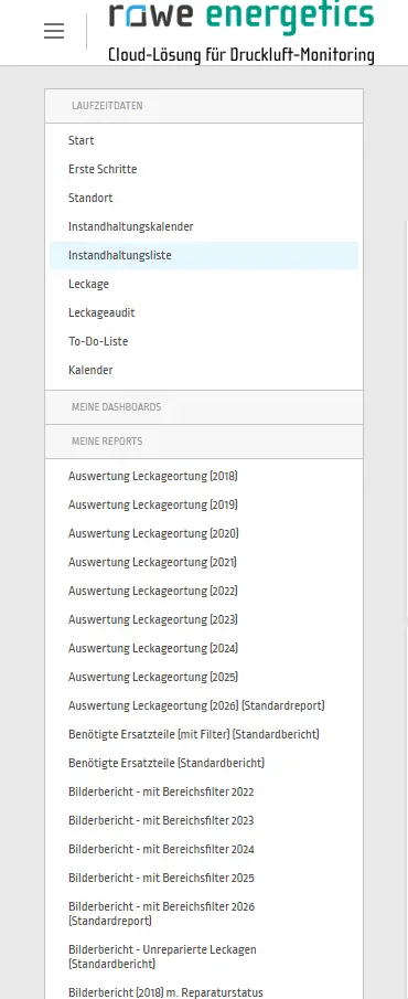Linke Navigationsleiste von rawe energetics mit dem aufgeklappten Bereich Meine Reports und der Liste der verfügbaren Auswertungen.