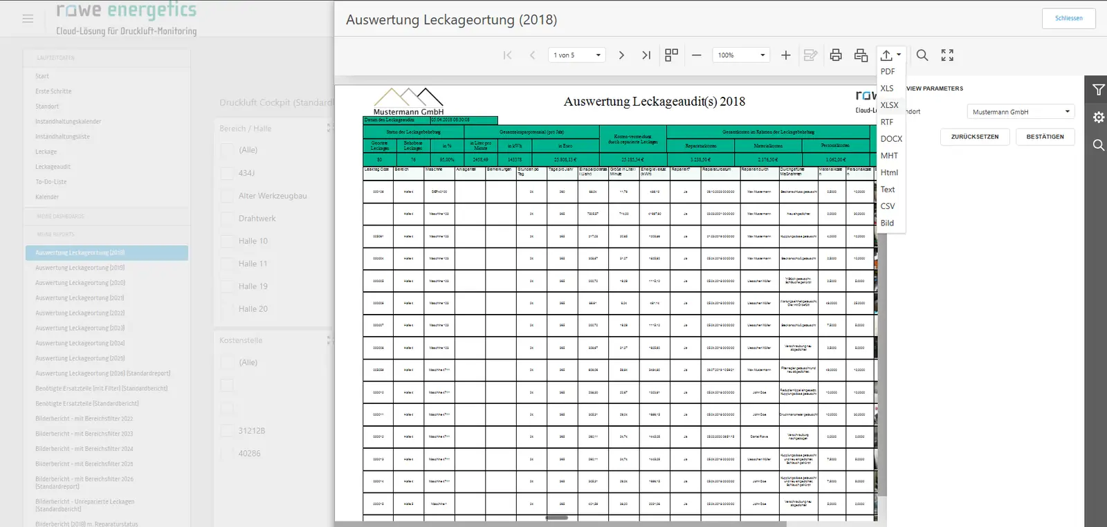Aufgeklapptes Download-Menü mit den Formaten PDF, XLS, XLSX, RTF, DOCX, MHT, HTML, Text, CSV und Bild.
