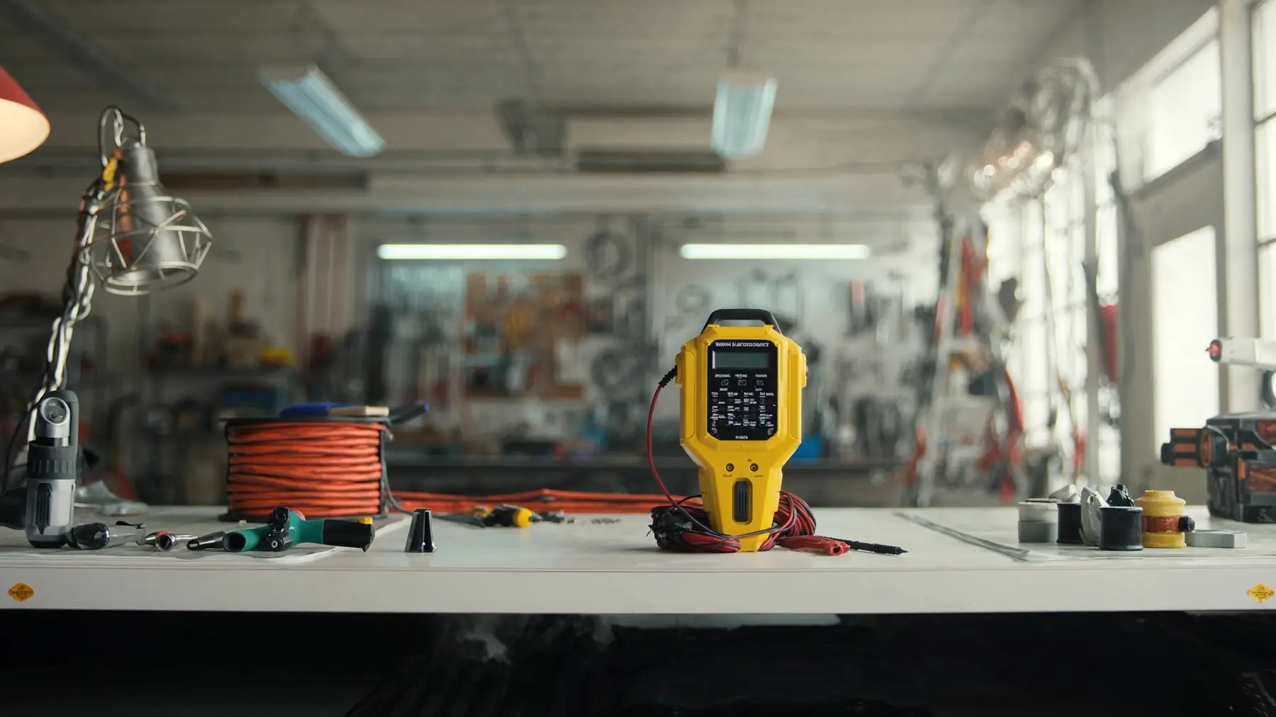 Werkbank mit Handmaschinen, Kabeltrommel und einem Prüfgerät für ortsveränderliche elektrische Betriebsmittel.