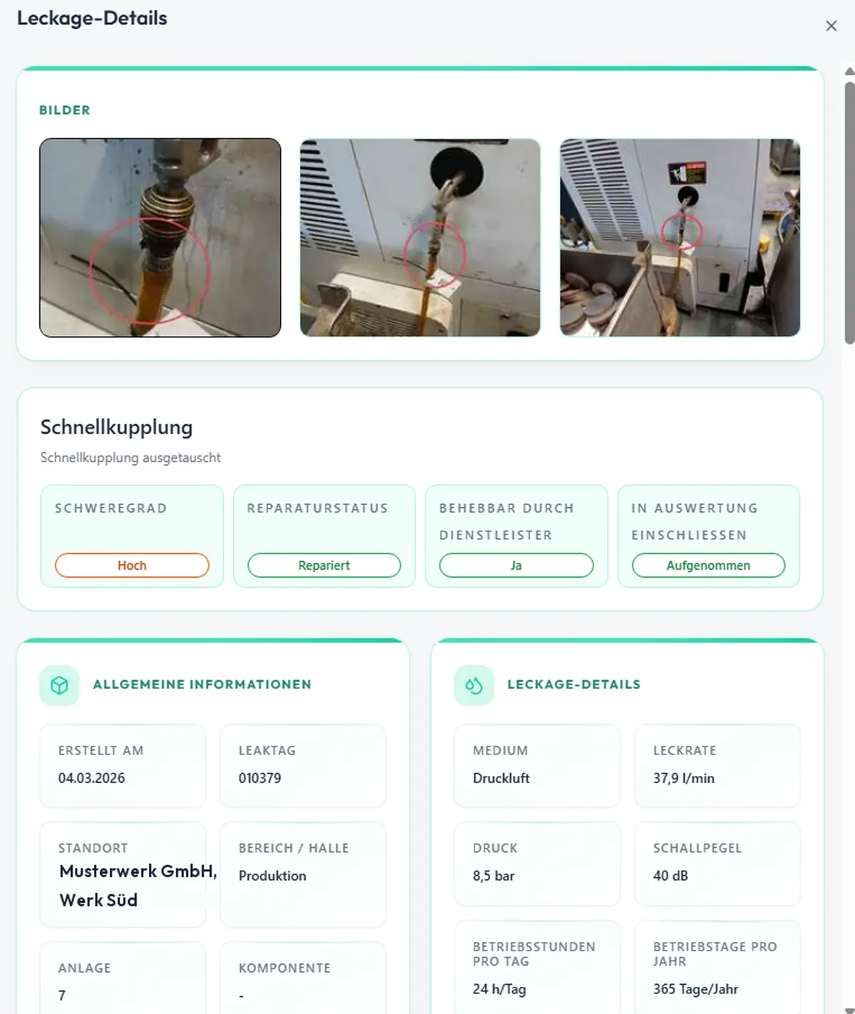 Detailansicht einer einzelnen Leckage: drei Fotos der Fundstelle, Schweregrad hoch, Reparaturstatus repariert, Leckrate 37,9 Liter je Minute, Druck 8,5 bar, Schallpegel 40 Dezibel.