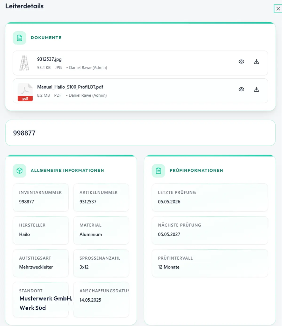 Geräteakte einer Leiter in Innuvis: hinterlegte Dokumente, Inventarnummer, Artikelnummer, Hersteller, Material, Aufstiegsart und Sprossenanzahl, dazu letzte Prüfung, nächste Prüfung und Prüfintervall.